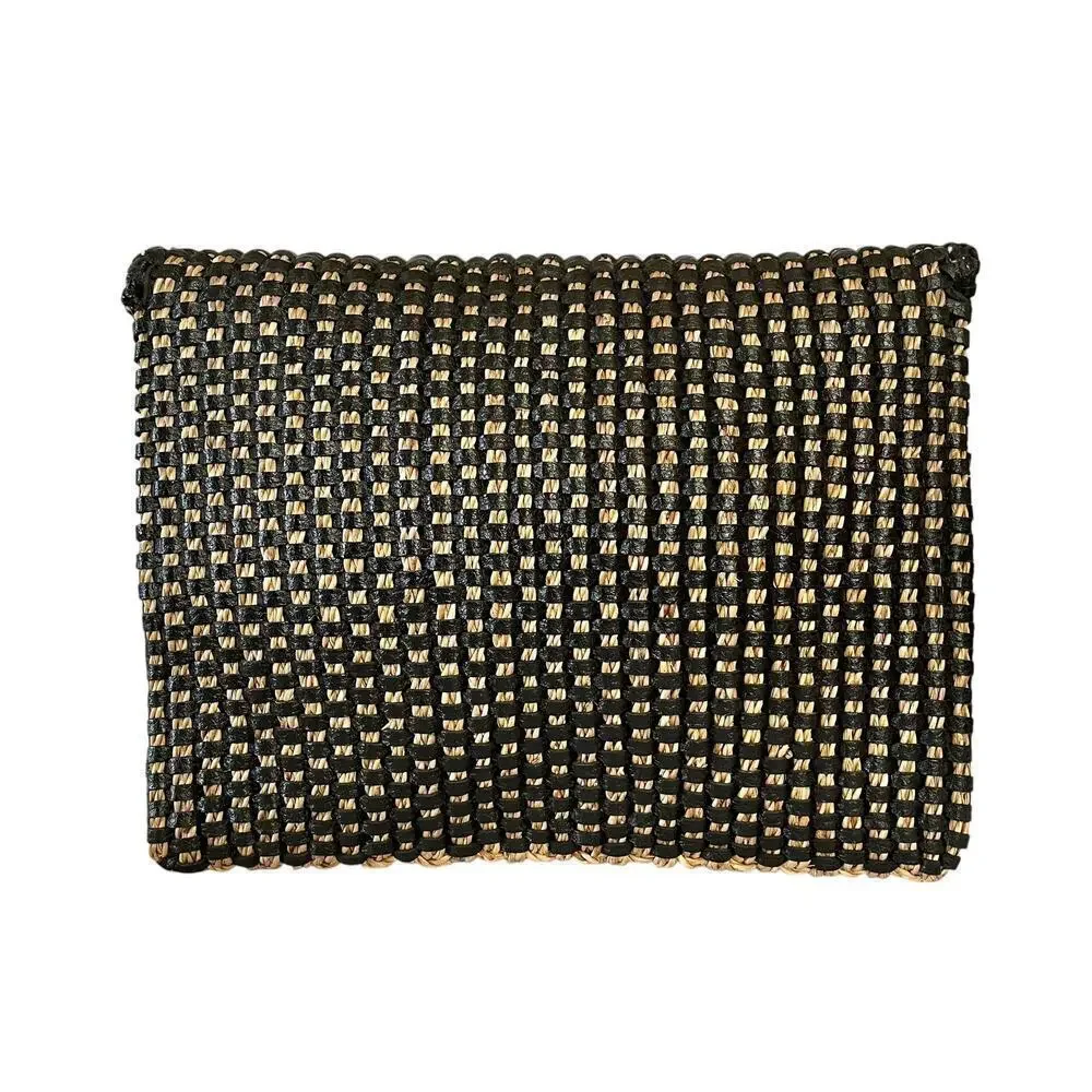 Kara Ross NY Woven Straw Black Leather Onyx Embellished Envelope Clutch Handbag